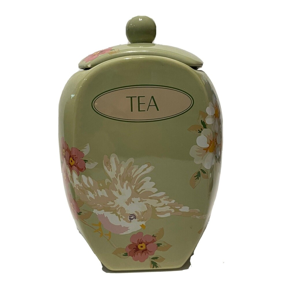 Songbird Garden by Rosie B Farmer Green Ceramic Lidded Canister Tea Floral Bird